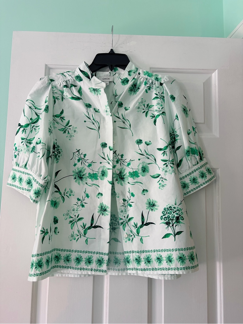 CeCe White Blouse with Green Floral Print